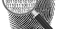 Fingerprint with magnifying glass showing binary numbers